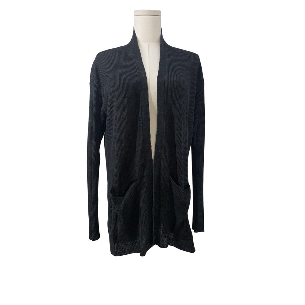 EILEEN FISHER Cardigan Sweater 100% Organic Linen Dark Gray Ribbed Size Small
